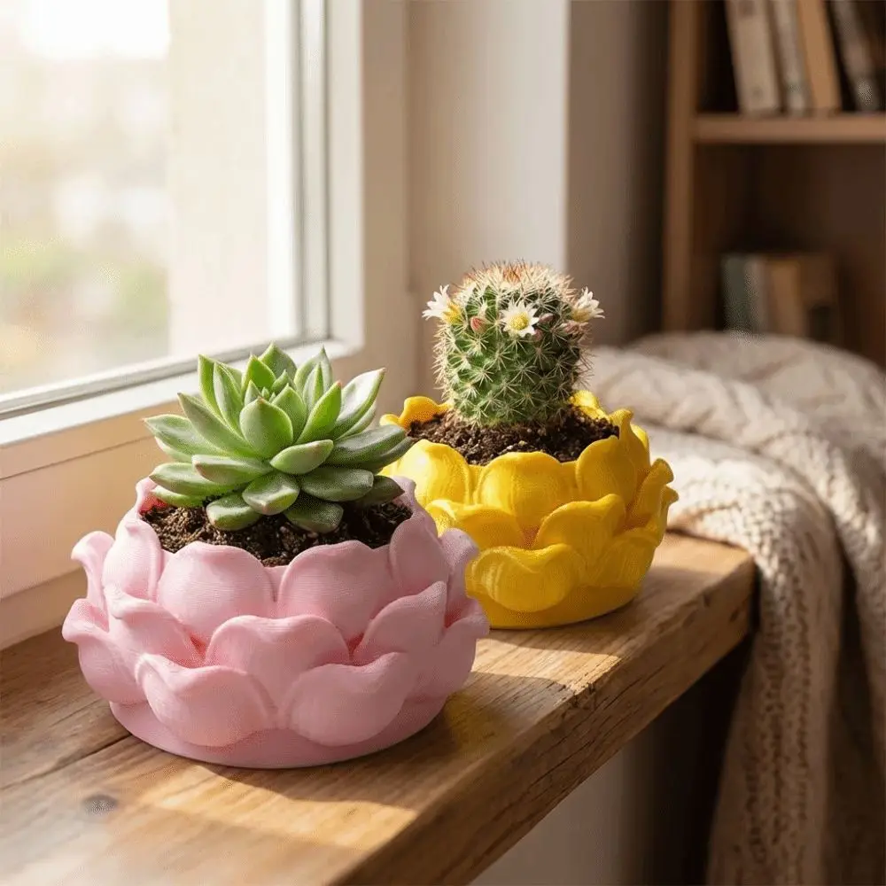 Lotus Shaped Succulent Plant Pot Plastic Flower Vase Growing Pots with Drainage Hole 3D Printed Nursery Pots for Desktop Decor