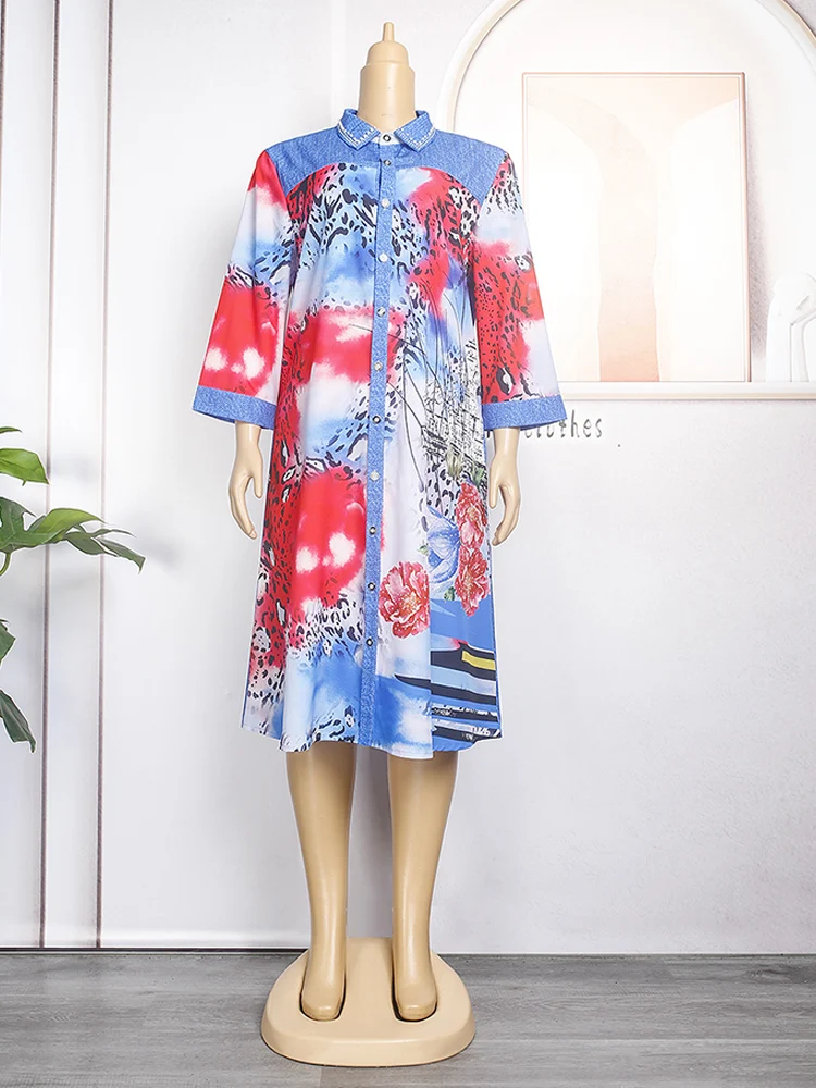 2024 Summer Shirt Dresses Elegant Women Dashiki Print Midi Robe African Turkey Loose Boubou Party Gown Clothing Vestido Feminino