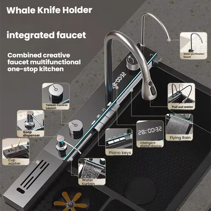 Stainless Steel Waterfall Kitchen Sink Intelligent Digital Display Large Single Bowl With Knife Holder Waste Container