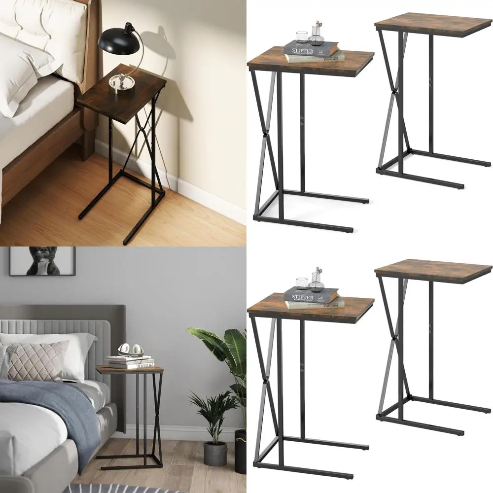 

Pair of C-Shaped Rustic Brown TV Trays, Slide Under Couch Tables for Small Spaces, Living Room/Bedroom Use