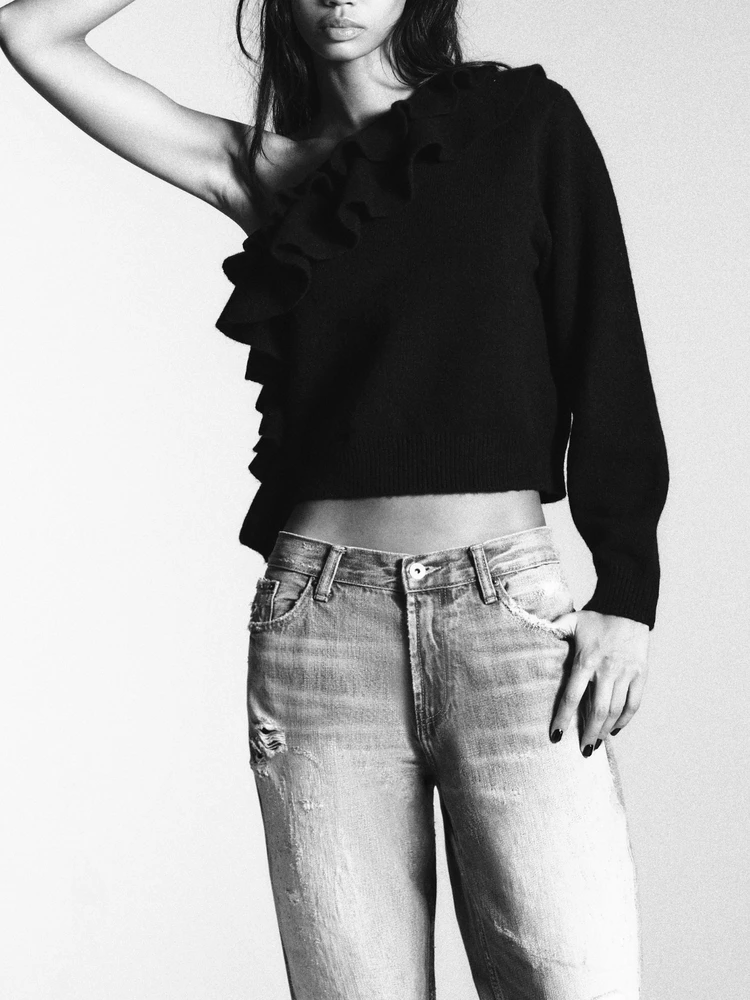 Slim Fit Assimétrico oulder Design Top de Malha Feminino Faion Nova Chegada Or Sle Europeu Sle Exclusivo Online