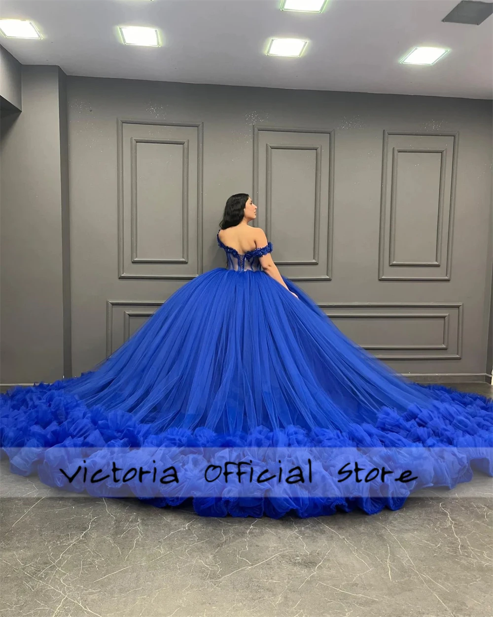 Royal Blue Beaded Lace Appliques Off The Shoulder 15 Quincenara Dresses 2024 Tulle Ruched Long Train Ball Gown Formal Prom