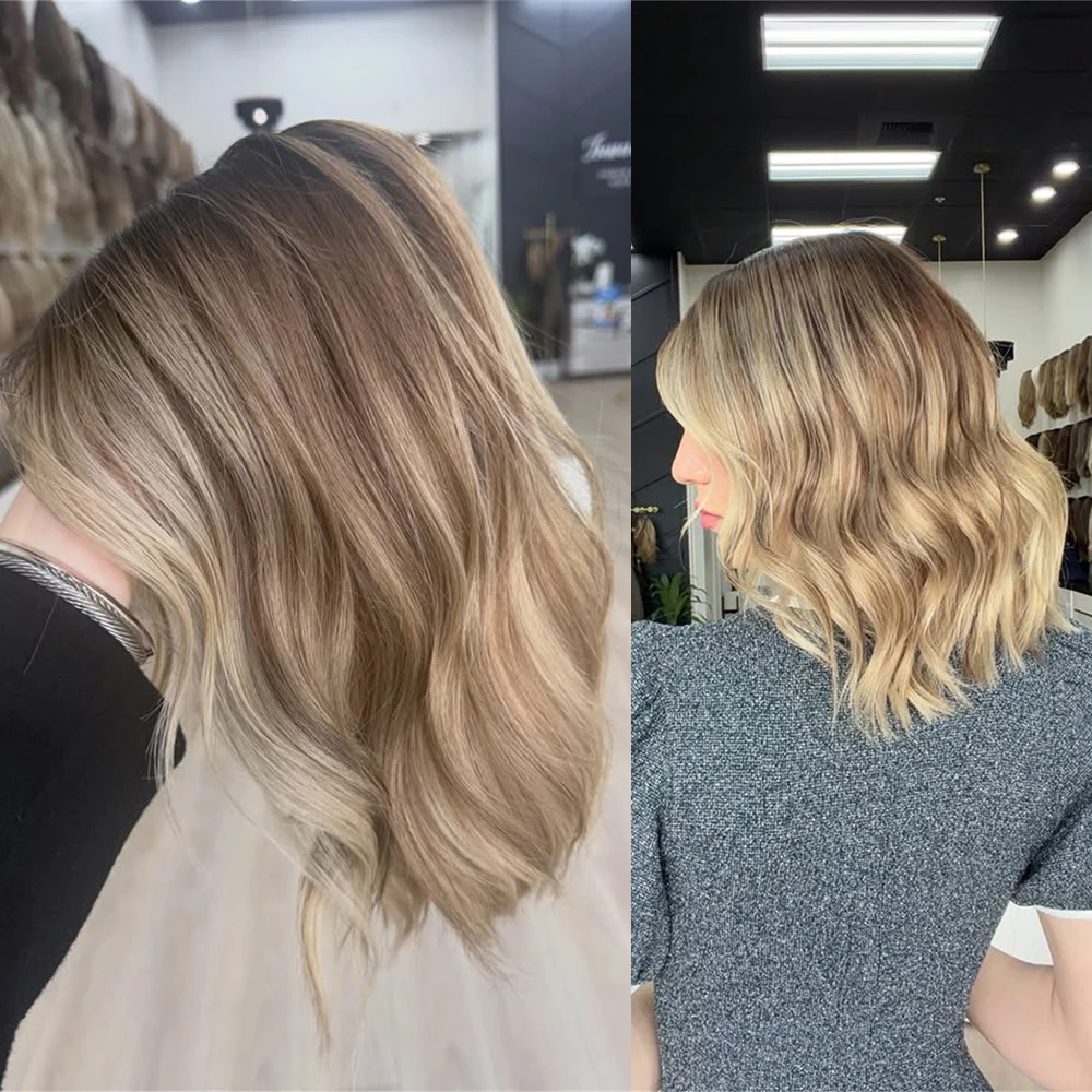 

Короткий парик 13x4 с кружевной передней частью для женщин, предварительно проработанный, коричневый с блондом, синтетические волосы с HD-кружевной фронтальной частью, качество Virgin