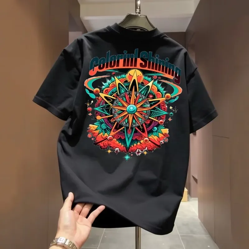 Psychedelic Star Compass with Neon Text Tee 100% Cotton Mens T Shirt for Summer Daily Wear Features A Vivid Artistic Style