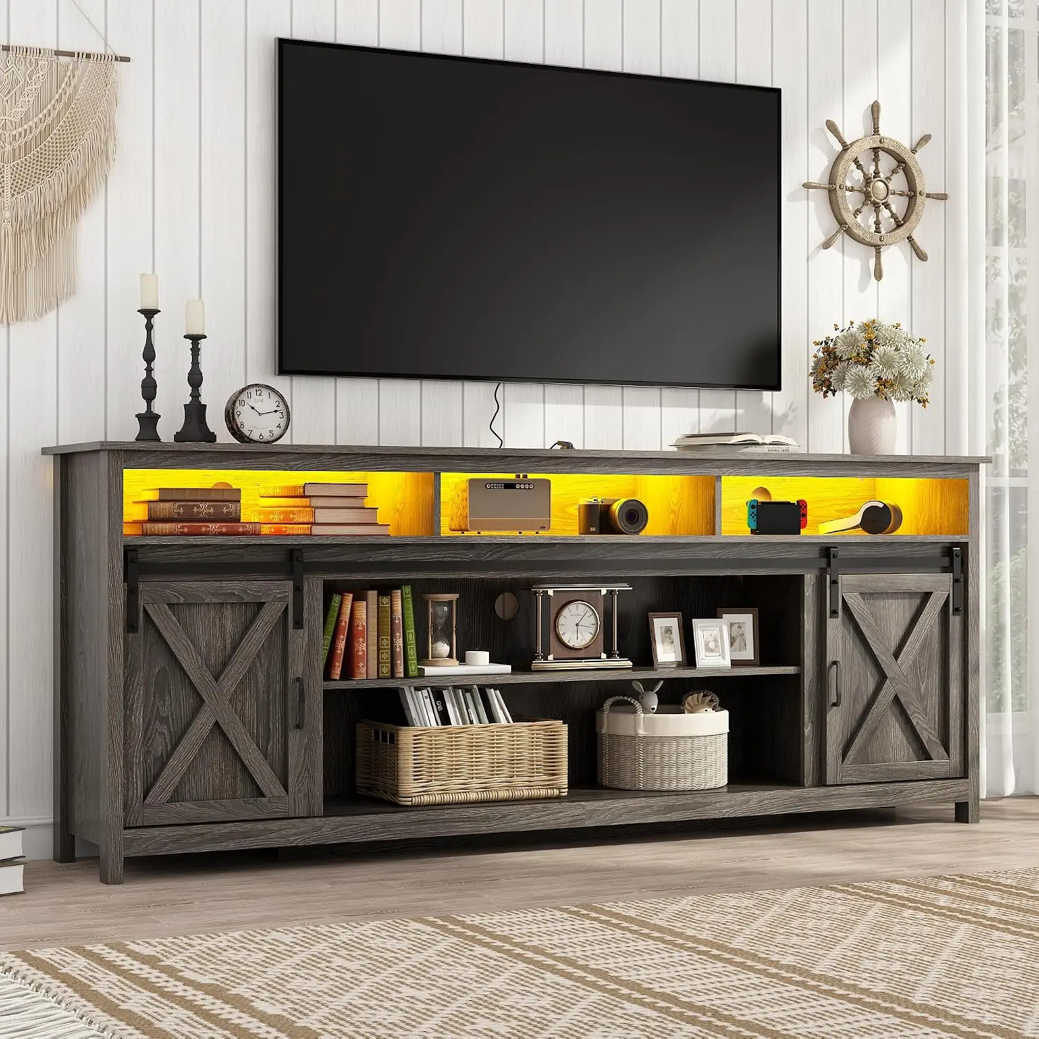 80in Wooden Farmhouse TV Stand for 90/85in TV, Double Layer Storage & Sockets, Sliding Barn Door, Grey Wash, Customized