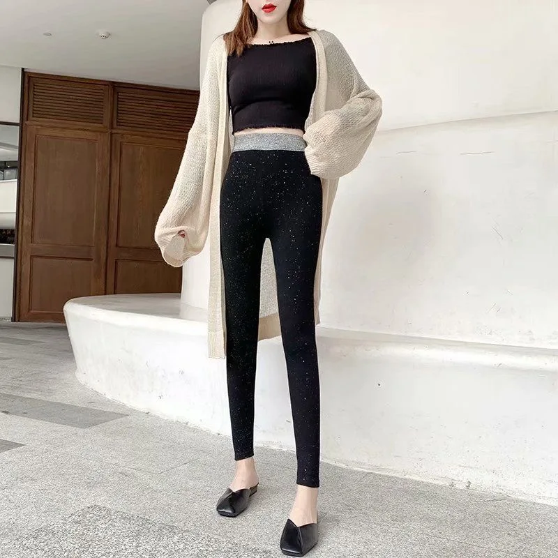 New Women Sequined High Waist Legging Pants Korean Ladies Casual Leggings Elastic Trousers Female Spring Solid Elegant Pant