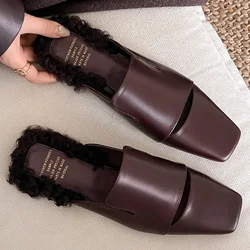 Women's cow leather square toe slip-on flats summer mules hollow-out casual female soft comfortable slides sandals shoes woman