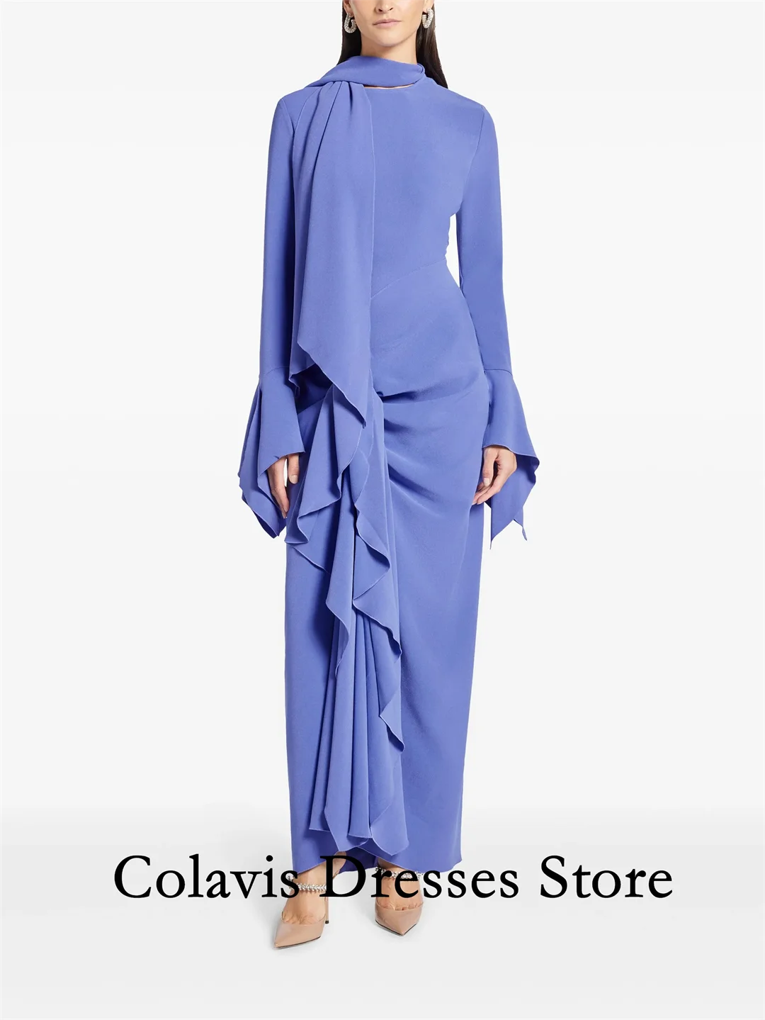 

2025 Customized Flare Sleeves O-Neck Ruffles Blue Crepe Prom Dresses Evening Dress Women Evening Gowns Formal Party Dress