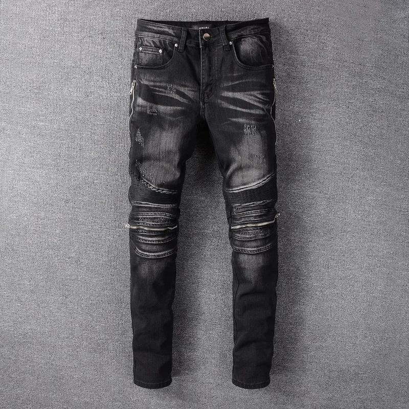 Verontruste Jeans Gescheurde Skinny Mannen Potlood Broek Gaten Enkellange Vintage Denim Wassen Effen Gesplitst 2024 Plooien Moto Biker