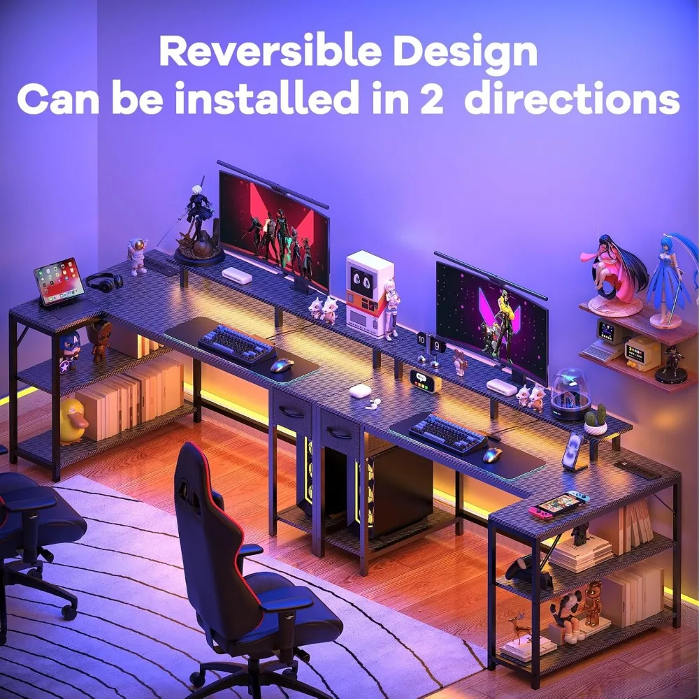 Escritorio para juegos en forma de L con iluminación LED y toma de corriente, escritorio Reversible de 47 pulgadas con soporte para CPU, soporte para Monitor, cajón, hogar
