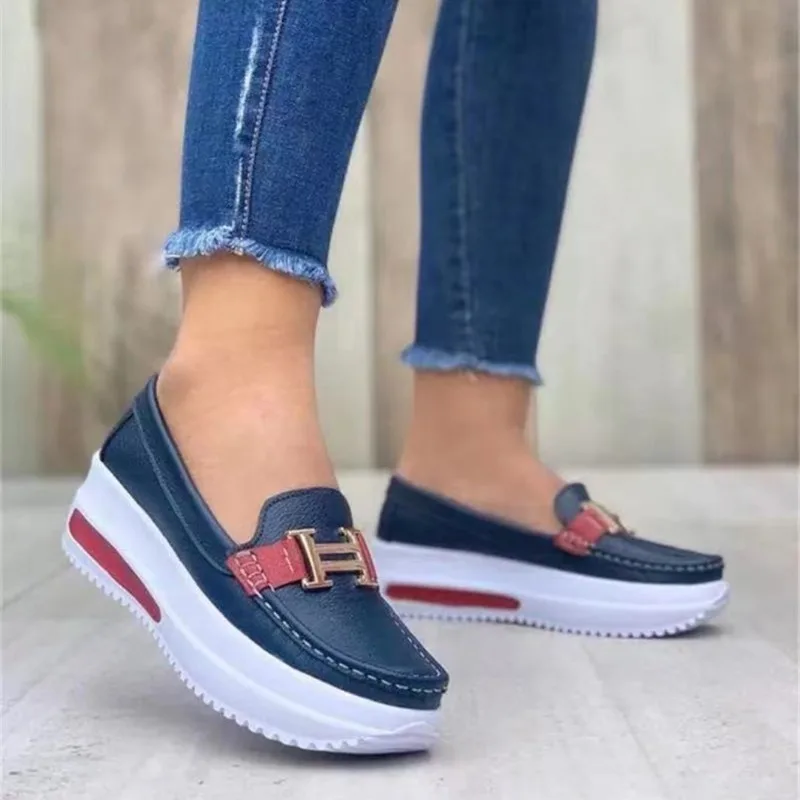 Sapatos vulcanizados impermeáveis de PU para mulheres, tênis de dedo redondo, casual diário, boca rasa, slip-on, andar, moda, novo, primavera, 2022