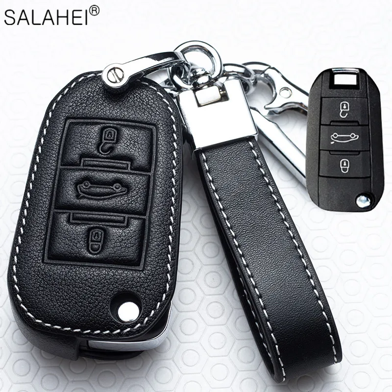 Leather Car Key Case Cover For Peugeot 107 206 207 208 306 307 301 308S 407 2008 3008 4008 5008 RCZ For Citroen C1 C2 C3 C4 C5