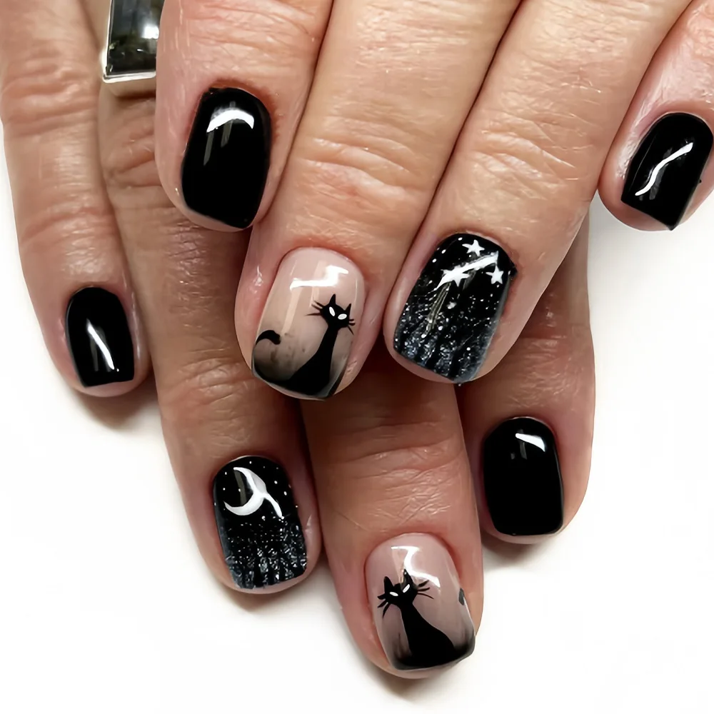 24 stuks korte vierkante kop nepnagels druk op vleermuis ballon ontwerp kunstnagels zwart glanzend poeder afneembare volledige dekking nagels tips