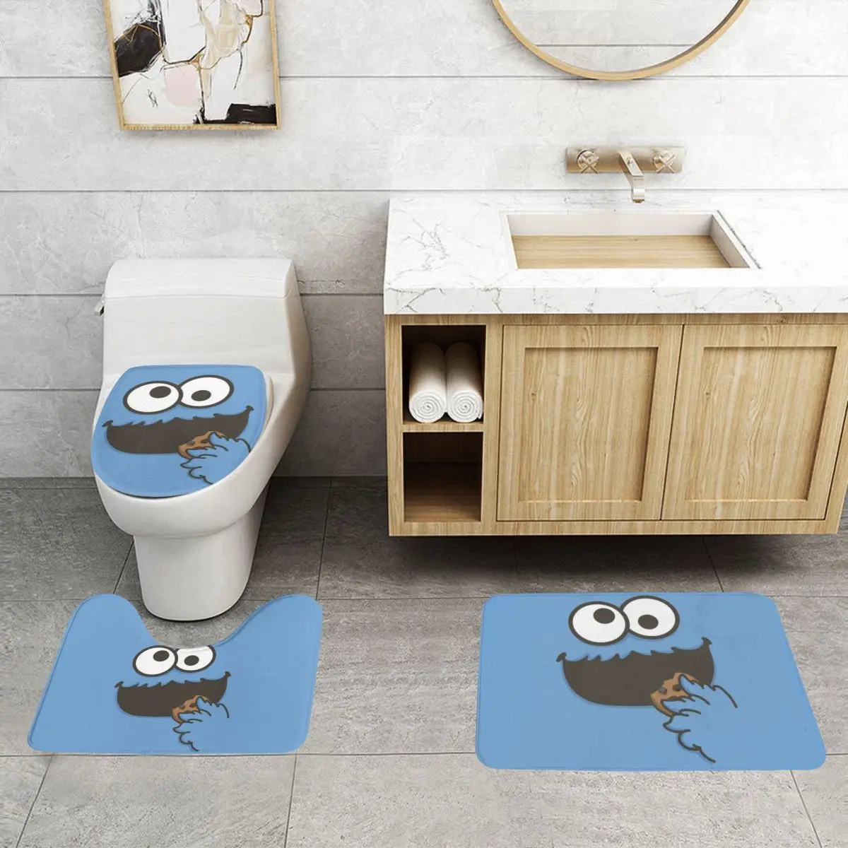 Custom Cartoon Tv Movie Sesame Street 3 Pieces Bathroom Rugs Funny Happy Cookie Monster Non-Slip Absorbent Toilet Bath Mat Set