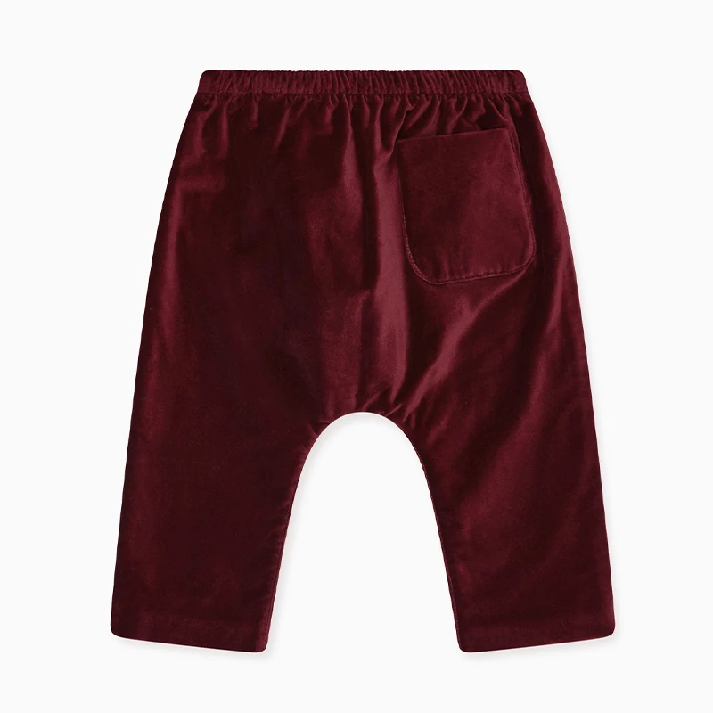 Christmas Party Burgundy Velvet Baby Trousers New Chic Drawstring Elastic Waist With Pocket Kids Pants 2024 Autumn Clothing