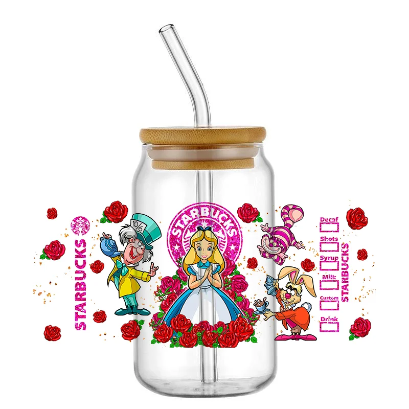 UV DTF Transfer 3D Sticker Disney Princess Series Prints involucri completi per vetro Libbey da 16 once può sublimazione fai da te impermeabile