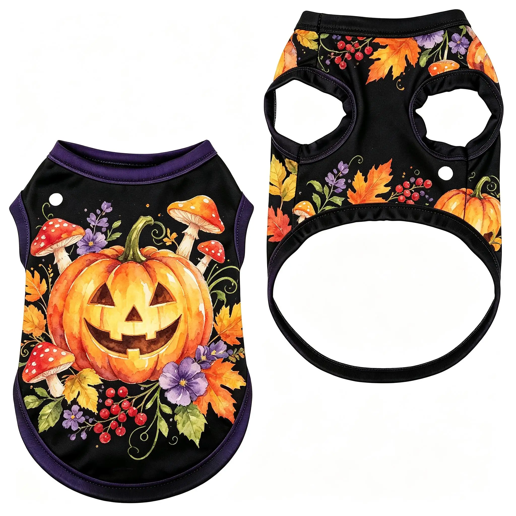 Pet Cat Vest Black Purple Pumpkin Flower Hat Print Lightweight Sleeveless Shirt for Small Medium Cats Halloween Theme Party Wear
