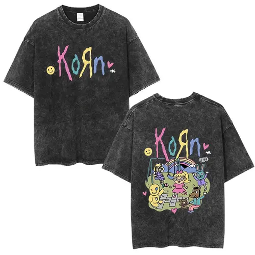 Korn-Camiseta de banda de Rock de dibujos animados para hombre, camisa Vintage lavada, de Metal, gótica, de gran tamaño, ropa de calle, camisetas de manga corta de verano