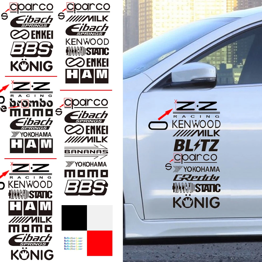 5/6/7/8/9Pcs Reflective Racing Door Stickers Set Car Brand Sponsor Vinyl Decals Kit Automobile Accessories