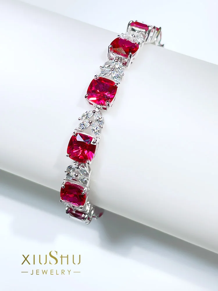 Fashionable Pigeon Blood Red Leaf 925 Silver Bracelet Inlaid with High Carbon Diamonds for A High Level Design