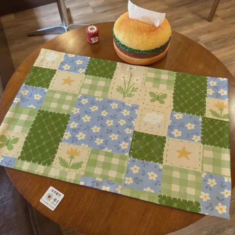 VIKAMA Green Blue Patchwork Floral Butterfly Star Linen Placemat Table Mat Dining Decor Kitchen Pad Home Accent Soft Durable