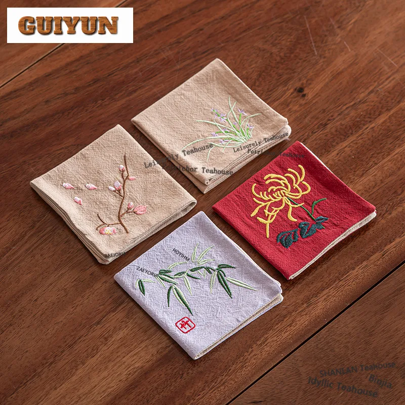 HOYIHM Cotton Embroidery Plum Orchid Bamboo Chrysanthemum Tea Towel Retro Tea Cup Mat Tea Napkins Household Tea Cloth Cafes
