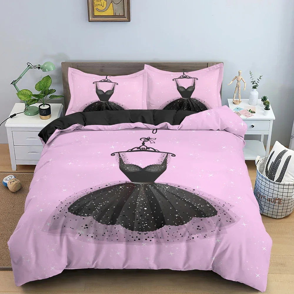 Cartoon Fashion Model Beautiful Dress Pink Comfortable Duvet Quilt Cover Pillowcase Bedding Set Bedroom Decoration Home Textile
