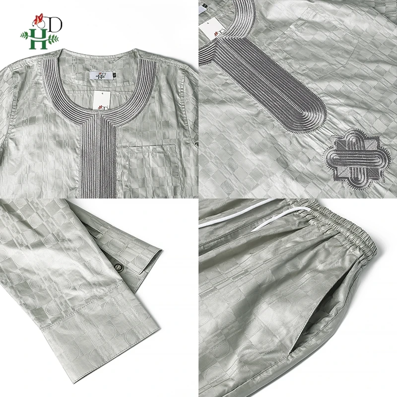 H&D African Clothes For Men Dashiki Top Pant 2 Pieces Outfit Set Riche Grey Embroidery Shirt Trouser Rich Bazin Original Muslim