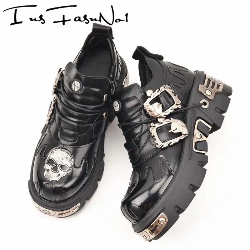 Gothic Black Women Shoes Designer Punk Metal Flat Platform Walking Sneakers Skeleton Print Metal Buckles Street Demon Cos Flats