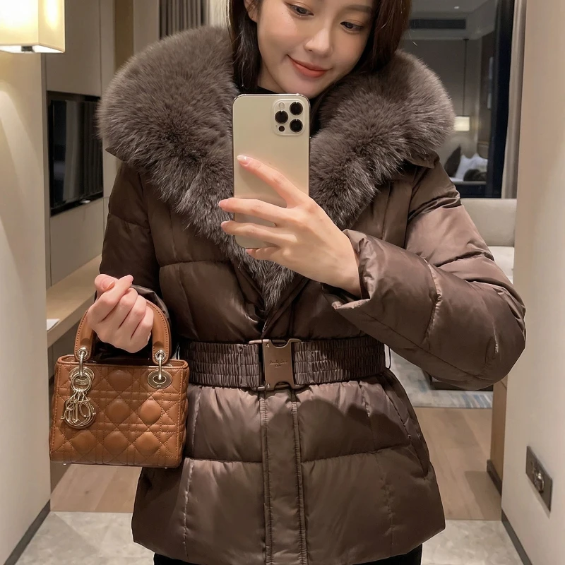 Solid Color Large Fur Collar Cotton Jacket for Women 2026 Winter Fashionable Mid Long Waist Cinching  Slimming Thick Warm Coat
