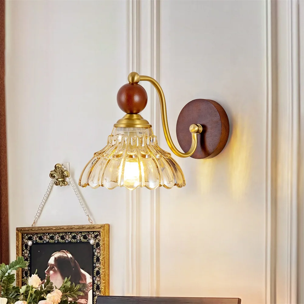 Vintage Copper Wooden Glass Retro Led Wall Lamp E27 Living Room Corridor Bedroom Bedside Loft Stairs