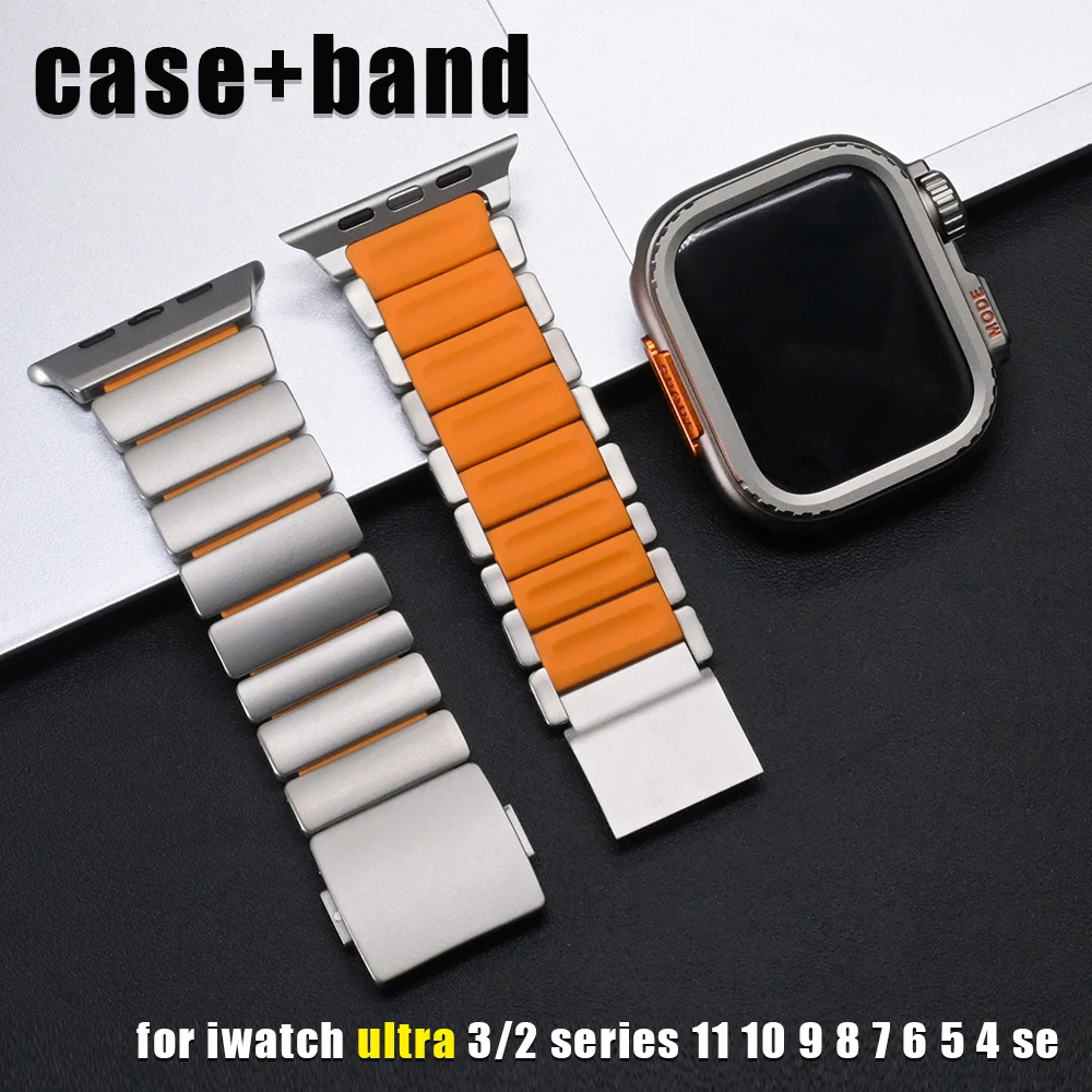 

Titanium Strap+Metal Case for Apple Watch Ultra 2 3 49mm Metal Rubber Band for iWatch Series 11 10 46mm 7 8 9 6 5 4 SE 44mm 45mm