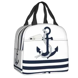 Sac à déjeuner isotherme, ancre bleue nautique avec rayures bleues et blanches, sacs à déjeuner thermiques, boîte multifonction réutilisable pour marin marin