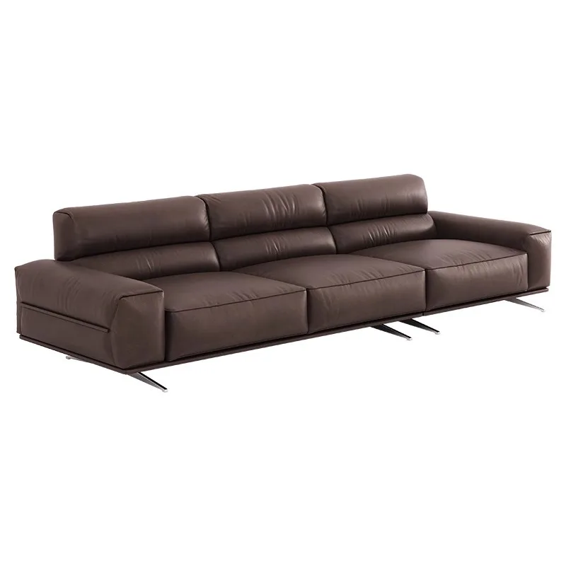 

Italian minimalist retro leather sofa creative high backrest villa living room straight row sofa three-person sleigh sofa