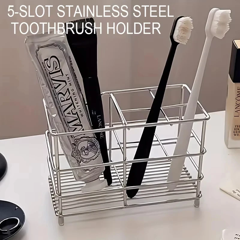 5-Slot Stainless Steel Toothbrush Holder Freestanding Space-Saving Design No Installation Required for Bathroom Organization