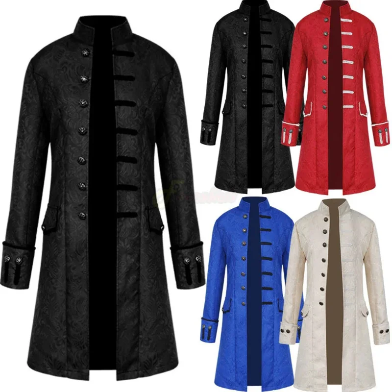 Men Halloween Medieval Steampunk Jacket Coat Victorian Ghost Vampire Knight Cosplay Costume Stand Collar Trench Vest Collar Suit