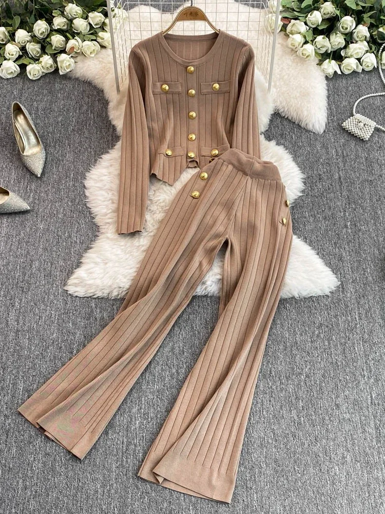 Women Vintage Two Piece Sets Autumn Winter Metal Button Knitted Top Wide Leg Pants Suits Female Casual Sweater Tracksuits