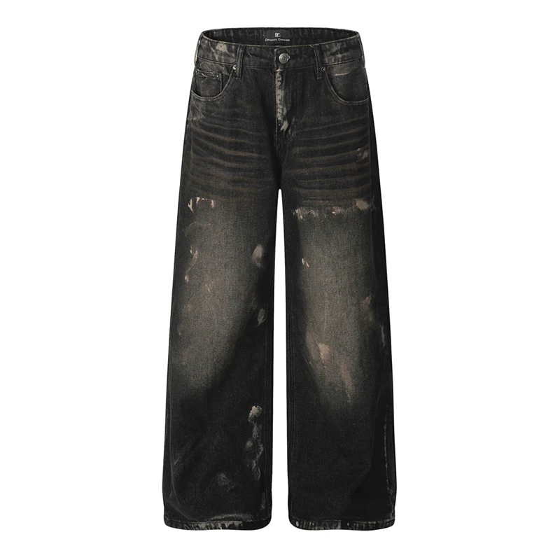 Niche Design Men's Denim Trousers Graffiti Contrast Color Washing Trendy Straight All-match Wide Leg Male Jeans Chic