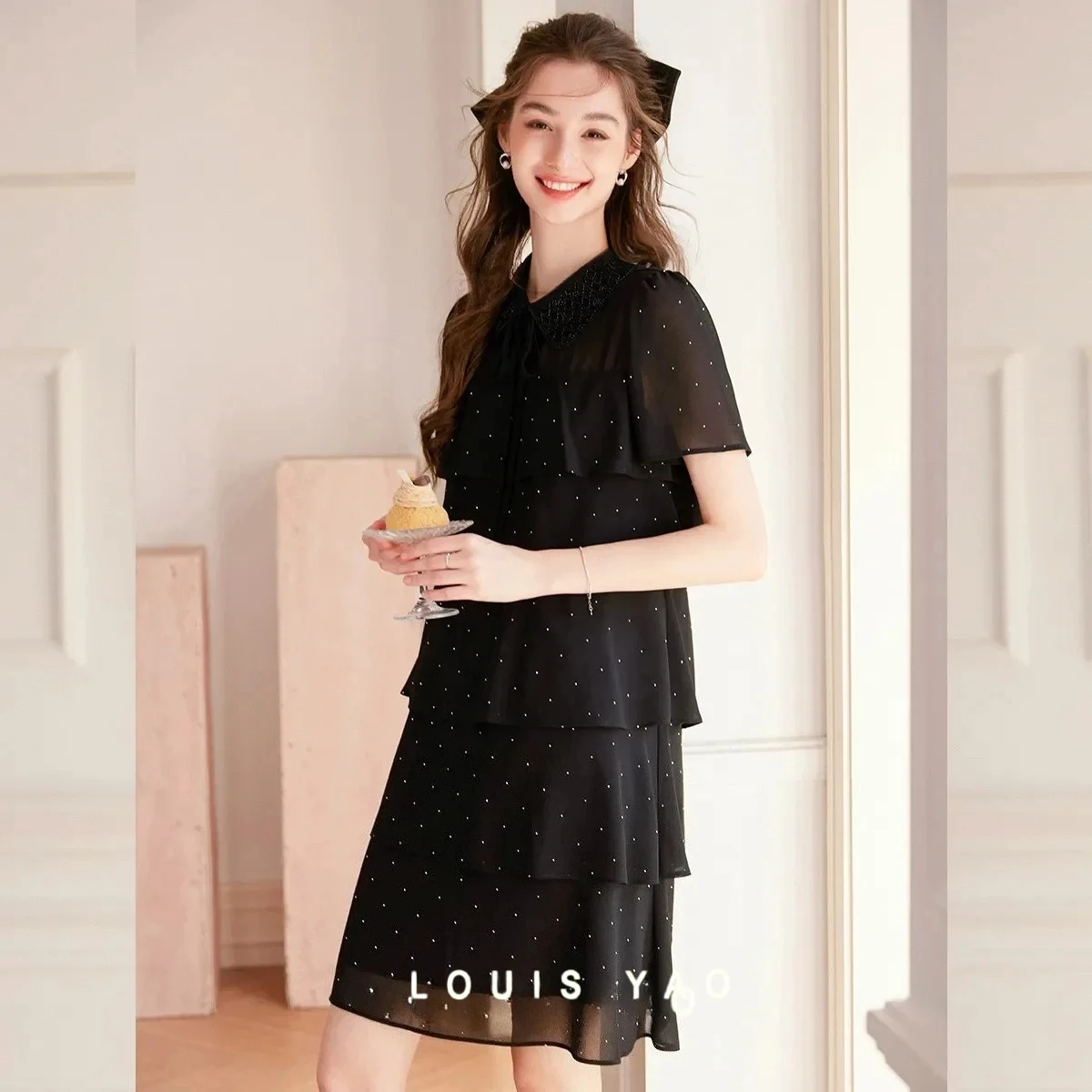 

LOUIS YAO Elegant Sweet Dot Gauze Dress 2025 Summer New Flip Neck Bow Lace-up Women's Dress Prairie Chic Long Dresses