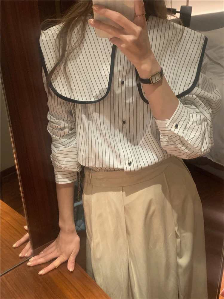 Colorfaith BL10096 New 2024 Striped Oversized Turn-down Collar Chic Korean Fashionable Women Spring Summer Blouses Shirts Tops