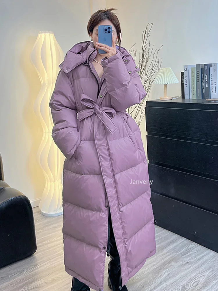 Janveny Women's Down Jacket Women Casual Thick Long Duck Down Puffer Coat Hooded Female Waterproof Parkas With Sashes Outwear