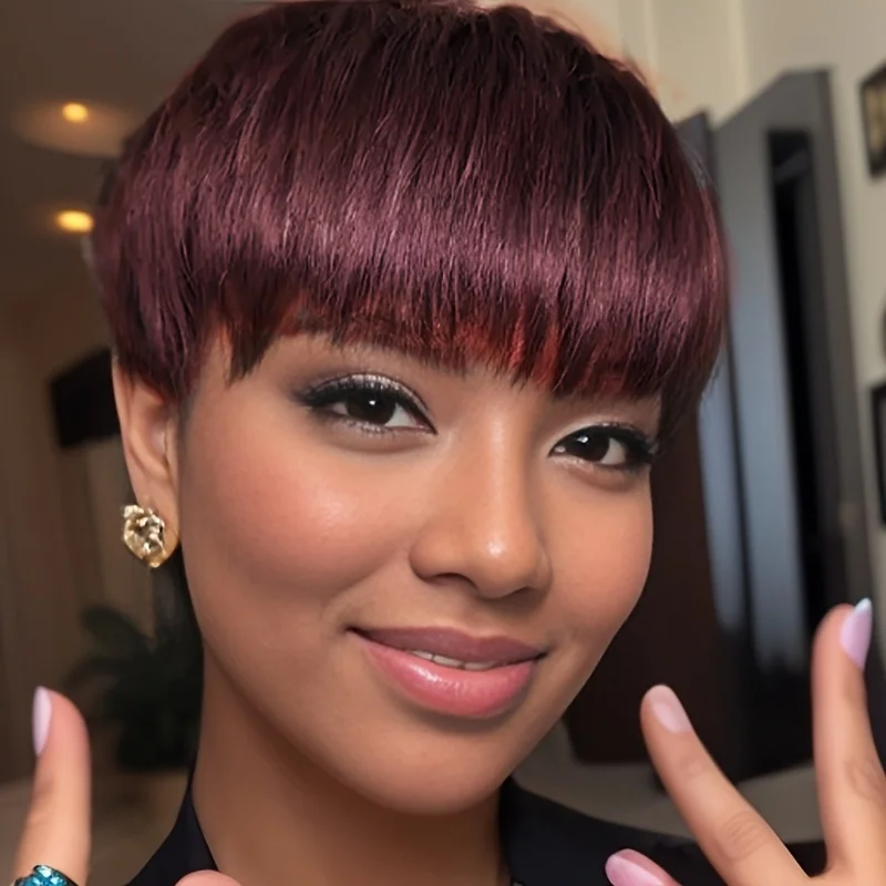 女性のためのショートピクシーカットウィッグ人毛機械製ウィッグ