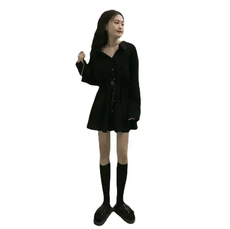 

Dress Women Pure Turn-down Collar Button Long Sleeve Collect Waist Elegant Fashion Black Clothing Fall 2025 Hepburn Vestido Chic