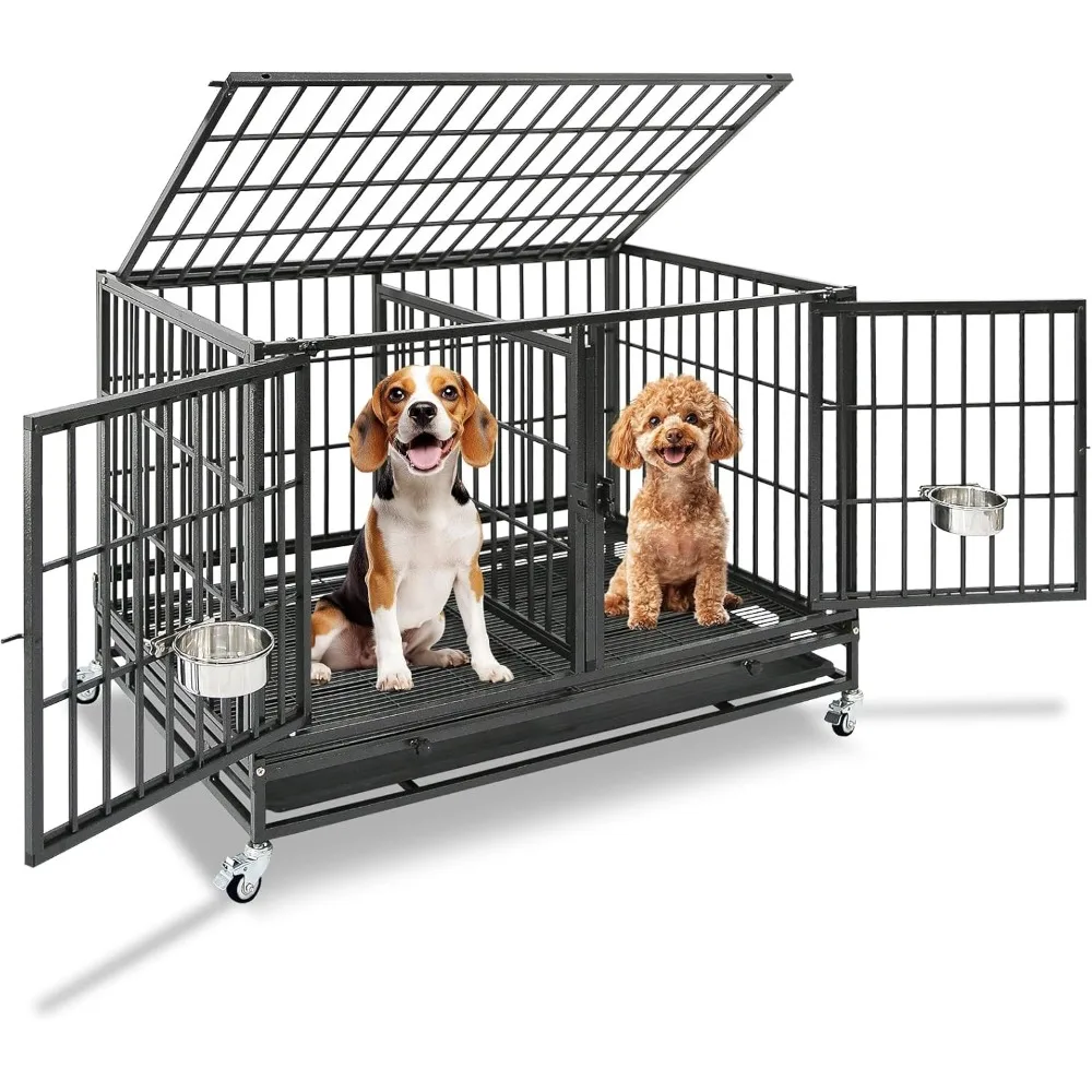 

43 Inch Dog Crate, Heavy Duty Stackable Dog Crate Cage Kennel,4 Lockable Wheels, Breeding & Grooming Drop Cages for Dogs