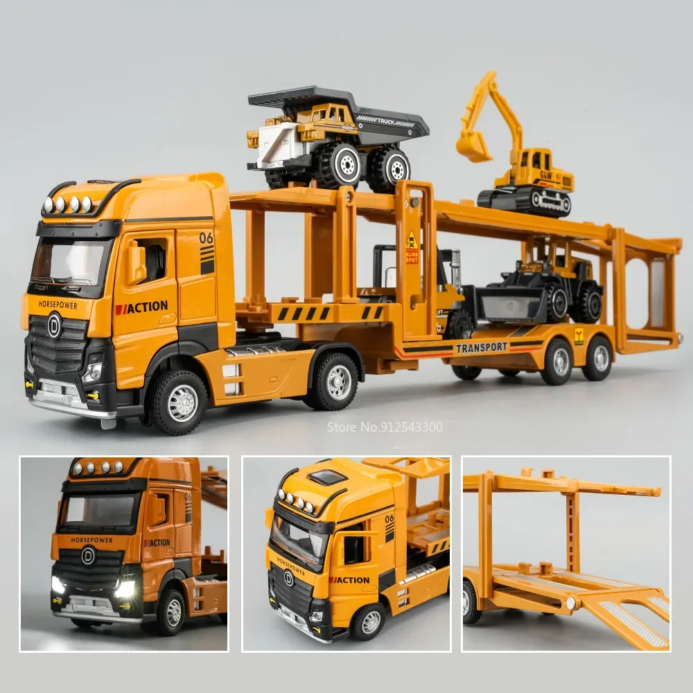 1:32 Dwuwarstwowy inżynieryjny model samochodu transportowego Zabawka Alloy Diecast Tylne koło Odciągnij dźwięk Światło Pojazdy dla chłopców Prezent