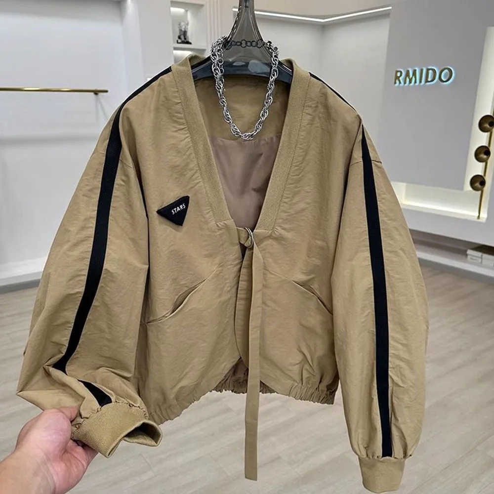 Autumn Casual V Neck Loose Short Jackets Female Outwears Pocket Women's Jacket Streetwear Basic Khaki Coat Korean Woman Clothing