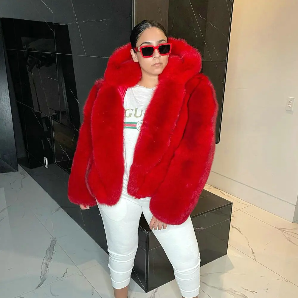 

BFFUR Women Winter New Real Fox Fur Jacket Hooded Fashion Red Color Thick Fox Fur Jacket With Hood Thick Warm Fur Coats Outwear