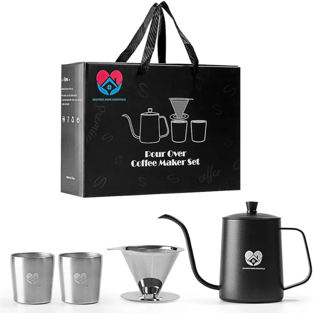 CozyNest Home Essentials coffee maker with , goose neck kettle, and cups for a perfect brewing experience