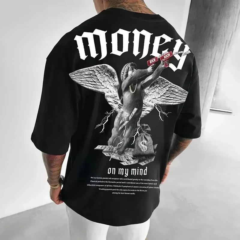 

Money Angel Print Men's T-Shirt Cotton Hip-hop Short Sleeve O Neck Tee Tops Summer Fashion Trend Loose Oversize Streetwear