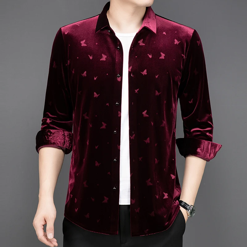 High Luxury Butterfly Silk Velvet Shirts New 2024 Mens Spring & Autumn Gold Velvet Clothing Male Long Sleeve Soft Velvet Shirts